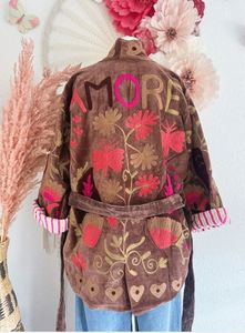 Brown Floral Embroidery Velvet Kimono <b>Cardigan</b> Long Sleeve Loose Fit Wrap Tie Midi Length Autumn Casual Wear Beautiful Elegant - Product Image 5