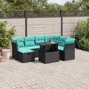 ชุดโซฟาสวนหวายโพลีสีดำ 8 ชิ้นพร้อมเบาะรองนั่ง - Product Image 1