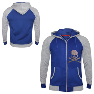 Sweat-shirt à capuche raglan bleu-gris pour homme, broderie crâne et os croisés, fermeture éclair frontale, molleton décontracté, coupe classique, automne - Product Image 3