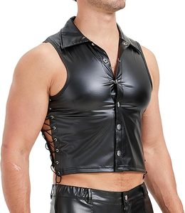 Camiseta sin mangas de cuero sintético para hombre, tacto suave mate, talla grande, cuello redondo, chaleco informal para minoristas de la UE - Product Image 3