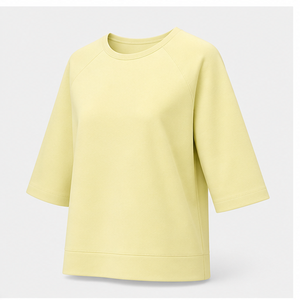 <b>Womens</b> Pale <b>Yellow</b> Crew Neck Elbow Sleeve Relaxed Boxy Fit <b>T</b> <b>Shirt</b> WTS-0132 - Product Image 3
