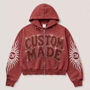 Custom Made Zip-Up Hoodie Oversized Crop Fit <b>Glitter</b> Print Rhinestone Streetwear Men's <b>Red</b> Cotton French Terry Hooded Sweatshirt - Product Image 1