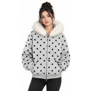 Sweat-shirt à capuche zippé à pois pour femme avec bordure en fausse fourrure, veste tricotée décontractée d'hiver, coupe régulière, manches longues - Product Image 5