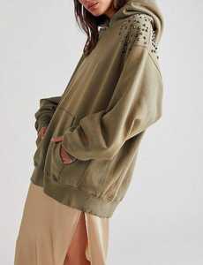 Men's & Women's Studded Shoulder Acid-Wash Pullover Hoodie 2026 Charcoal Grey Olive <b>Green</b> Oversized Streetwear <b>Sparkle</b> <b>Top</b> - Product Image 4