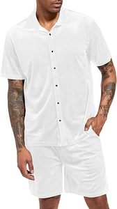 Ensemble court 2 pièces pour homme, en velours 100% laine, blanc, pour la gym et l'entraînement, avec boutons, coupe ajustée, respirant, personnalisable, idéal pour l'été - Product Image 3