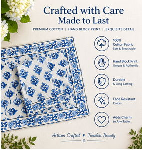 Ensemble de 4 sets de table et serviettes bohèmes imprimés à la main, 100 % coton, motif floral bleu, pour décoration de table à manger, en tissu lavable - Product Image 3