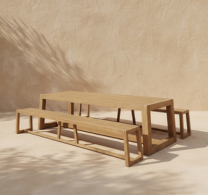 Mesa de Comedor de Madera de Teca Sólida para Exteriores con Juego de Bancos, Muebles de Comedor Modernos y Minimalistas para Patio, Jardín, Cafetería, Resort o Villa - Product Image 1