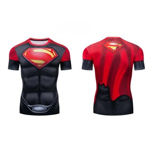 T-shirt de compression à manches courtes pour homme Superman, rouge et noir, imprimé, coupe ajustée, séchage rapide, col rond, design sportif décontracté - Product Image 1