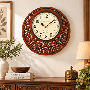 Handcrafted Carved <b>Wooden</b> Analog Quartz <b>Wall</b> <b>Clock</b> 18 Inch Round Traditional Decorative Living Room Wedding <b>Clock</b> - Product Image 6
