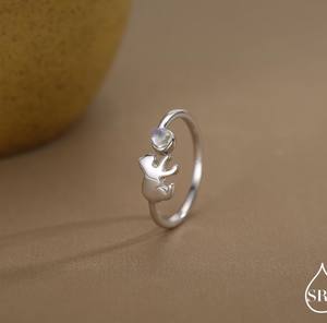 Bague en argent sterling avec chat jouant avec une balle et pierres de lune créées en laboratoire, taille ajustable, bague ouverte, bagues empilables - Product Image 5