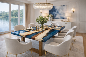Table à manger de luxe en résine époxy, style rivière, avec bord naturel, en bois bleu océan, faite à la main, mobilier de salle à manger - Product Image 5