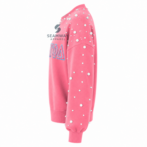Sweat-shirt en molleton de coton pour femme Gamma Phi Delta, orné de perles, col rond, lettres grecques brodées, pull décontracté - Product Image 3