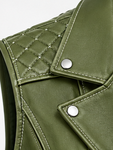 Women's Olive Green <b>Leather</b> Moto <b>Vest</b> With Zipper Closure - Product Image 5