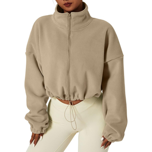 Sudadera corta de forro polar beige para mujer con cremallera, cuello alto, hombros caídos, manga larga, estilo oversize, ropa de otoño para mujer, ODM - Product Image 1