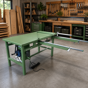 Scie circulaire verticale pour le travail du bois, équipement de découpe industriel haute rigidité avec moteur, construction métallique verte - Product Image 1