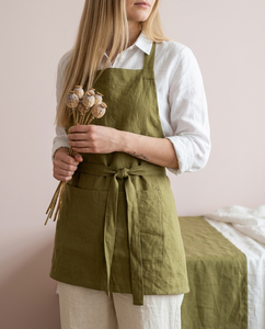 Army Green Linen High Quality Reusable Bib <b>Apron</b> Adjustable Sleeveless <b>Cooking</b> Gardening <b>Apron</b> with Pockets <b>for</b> Kitchen Use - Product Image 2