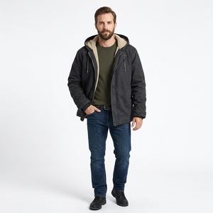 Chaqueta Bomber de Hombre para Otoño, Estilo Urbano, con Capucha, Forro de Sherpa, Exterior de Lona, Resistente al Viento, Cierre de Cremallera, Diseño con Letras - Product Image 5