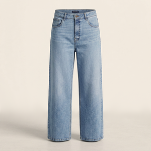 Jean en denim délavé aux enzymes, coupe large, taille haute, extensible, coupe ample, en coton uni, pour usage quotidien décontracté, été et printemps - Product Image 1