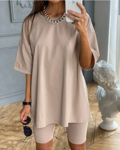 Conjunto de 2 Piezas para Mujer, Color Beige, Manga Corta, Cuello Redondo, Informal, Tejido de Algodón, Corte Holgado, con Cinturón, para Primavera/Verano - Product Image 3