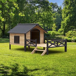 Gran Perrera de madera para exteriores para perros con Cabaña de estilo de casa de porche para mascotas Casas y muebles para mascotas - Product Image 1