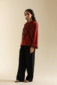 Kurta en coton brodé rouge pour femmes, vêtement traditionnel ample, style ethnique Inde Pakistan, toutes saisons, décontracté - Product Image 4