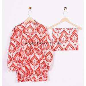 ชุดนอนผ้าฝ้ายทำมือสไตล์อินเดียสำหรับผู้หญิง ลายพิมพ์อิคัต ระบายอากาศได้ดี นุ่ม แห้งเร็ว สวมใส่สบาย ชุดนอนขายาวสำหรับฤดูร้อน - Product Image 3