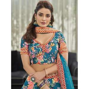 Lehenga choli เซ็ตผ้าไหมพิมพ์ลายดอกไม้สีฟ้าสีน้ำเงิน - Product Image 5