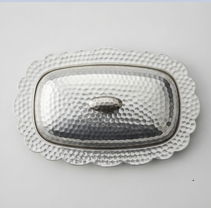 Beurrier ovale en argent fait main avec couvercle, design martelé vintage, vaisselle de cuisine, préservation de la fraîcheur - Product Image 3
