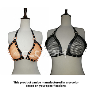 Neon Orange Fishnet Spiked Halter Bra With Black Leather Trimmed Mesh Bralette with Punk Spikes & O-Rings - Product Image 6