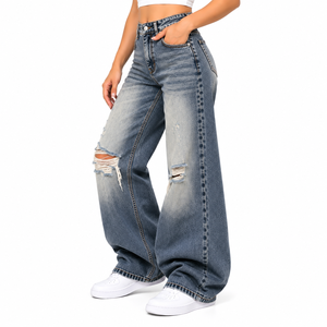 Jean délavé vintage pour femme, coupe large, taille haute, déchiré aux genoux, style décontracté et tendance - Product Image 4