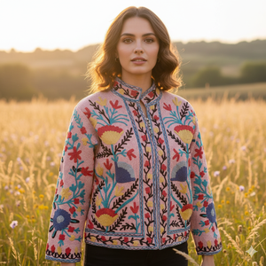 Chaqueta corta bordada Suzani estilo waffle, chaqueta de invierno, talla única, abrigo para fiestas. - Product Image 1