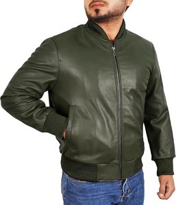 Blouson aviateur en cuir de vachette vert olive pour homme, col montant, fermeture éclair, style moto, coupe classique, pour l'automne - Product Image 2