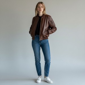Blouson aviateur en cuir de vachette marron pour homme, style moto, fermeture éclair, coupe classique, couleur unie, col rabattu, vêtement d'automne, moto - Product Image 4