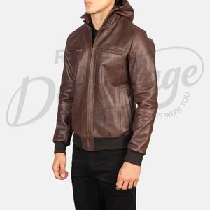 Veste en cuir marron foncé à capuche pour homme, style bomber décontracté, fermeture éclair, coupe ajustée, en cuir d'agneau véritable. - Product Image 5