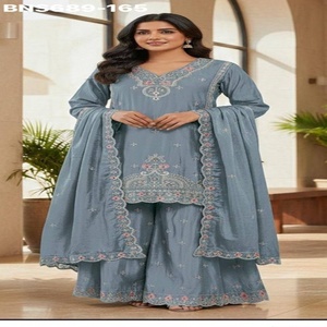 Collection de vêtements de festival Aamzing Color, dernière collection, ensemble kurta-plazo et dupatta en chinon avec broderies, fournisseur d'Inde. - Product Image 1