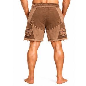 Pantalones cortos de gimnasio para hombre, de tela de algodón, con acabado desgastado, costuras con parches deshilachados, cintura con cordón, bolsillos laterales, para entrenamiento físico, uso diario. - Product Image 2