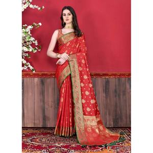 DESIGNER SOFT SILK ZARI WORK <b>SAREE</b> WITH UNSTITCHED BLOUSE <b>RED</b> - Product Image 1