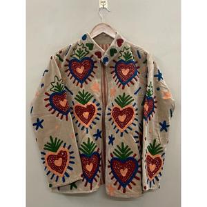 Veste en velours tricoté en coton brodée à la main pour femme, col mandarin, manches longues, motif floral, ouverte sur le devant, style Prairie, hiver/printemps - Product Image 6