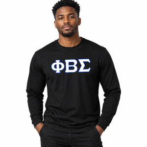 Phi Beta Sigma <b>Black</b> <b>Long</b> <b>Sleeve</b> Tee <b>Shirt</b> with White Blue Greek Letter Design O Neck Pullover Ribbed <b>Sleeve</b> Cuffs Unisex Greek - Product Image 1