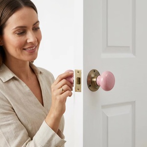 Modern Pink Crackle Ceramic Door <b>Knob</b> with <b>Brass</b> Mortice Lock Handle for Kitchen Bedroom Living Room & Bathroom Cabinets Drawers - Product Image 3