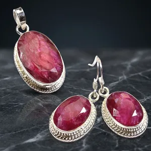 Red Quartz 925 Sterling Silver Pendant Earrings Jewelry Set Handmade Gemstone Design For Women Wholesale Fashion - Product Image 2
