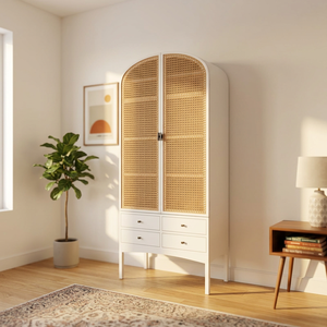 Modern Rattan Armoire With White Frame And Drawers Storage <b>Cabinet</b> Scandinavian Style Living Room Furniture - Product Image 4