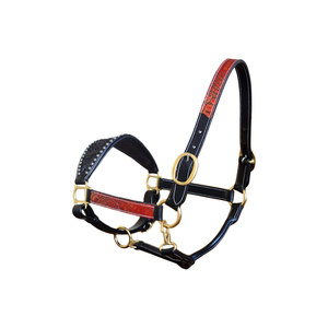 Leather Horse Halter With Red Patterned Design And Brass Hardware For <b>Equestrian</b> Use - Product Image 1