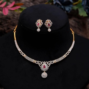 Ruby CZ <b>Necklace</b> Set 22K Gold Plated Brass Adjustable Bridal Jewelry Elegant Women <b>Necklace</b> - Product Image 1