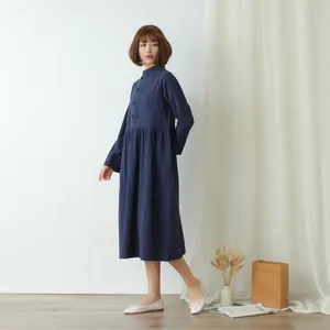 Women's Casual <b>Boho</b> Cotton Maxi <b>Dress</b> Solid Color <b>Long</b> Sleeve Chinese Style Stand Collar Pleated <b>Dress</b> - Product Image 3