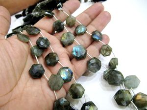 Perles de labradorite naturelle, forme hexagonale, facettées, 12 à 15 mm, fils de 8 pouces de long, noir arc-en-ciel, pierres précieuses pour la création de bijoux - Product Image 4