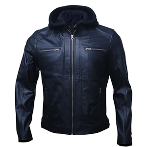 Veste en cuir véritable à capuche noire pour homme, style motard, fermeture éclair, coupe-vent, doublure en fausse fourrure, vêtement d'automne - Product Image 6