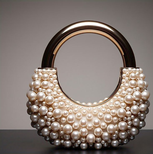 Shimmering gold geometric crystal box clutch with a long chain strap and pearl top. Luxe, available at wholesale prices. - Product Image 4