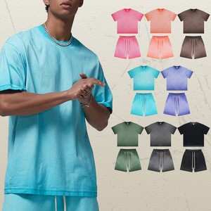 ชุดเสื้อยืดและกางเกงขาสั้นโอเวอร์ไซส์ผ้าฝ้าย 100% สำหรับผู้หญิงและผู้ชาย ใส่สบาย ระบายอากาศได้ดี สไตล์วินเทจลำลอง ชุด 2 ชิ้น - Product Image 2