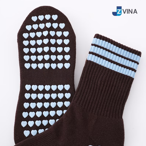 JZVINA Non-Slip Yoga <b>Socks</b> Crew Length <b>Brown</b> With Blue Stripes Anti-Slip Grip Bottom For Pilates Adults Summer Style - Product Image 4